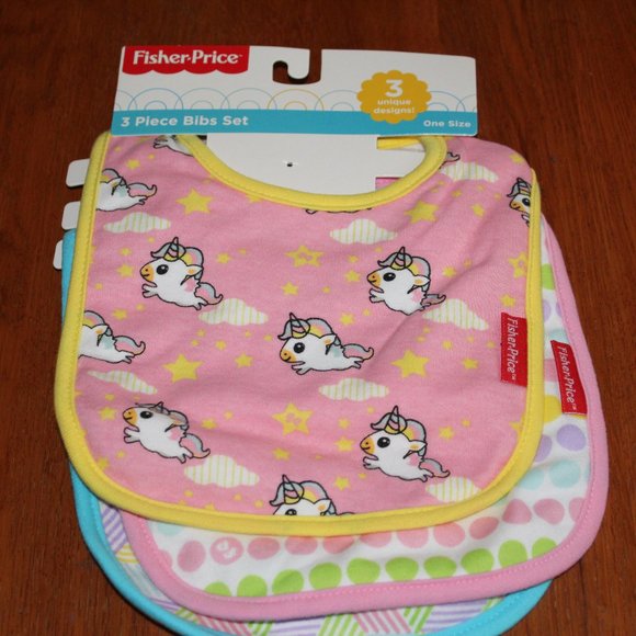 NWT Fisher Price girls 3 Pc. Bibs Set unicorns dots Multicolor - Picture 1 of 5